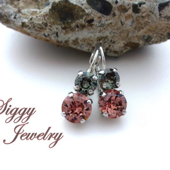 Swarovski Crystal Double Drop Earrings in Blush Rose and Black Diamond - Picture 3 of 5